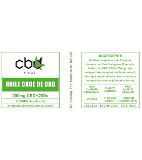 Comprimés à l'huile crue de CBD + CBDa 750mg - 25mg de CBD+CBDa par comprimé