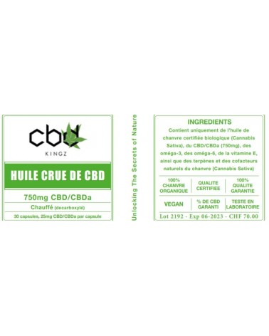 Comprimés à l'huile crue de CBD + CBDa 750mg - 25mg de CBD+CBDa par comprimé